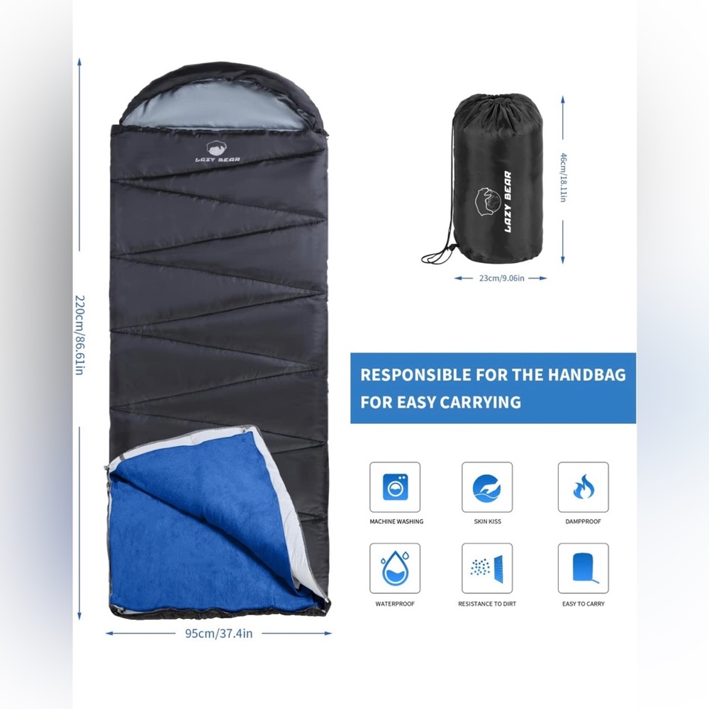 LAZY BEAR Sleeping Bag for 4 Seasons Indoor Outdoor Use, & Waterproof - NWT
